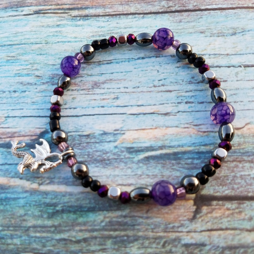 Handmade DRAGON Charm Cracked Agate Stretch Bracelet